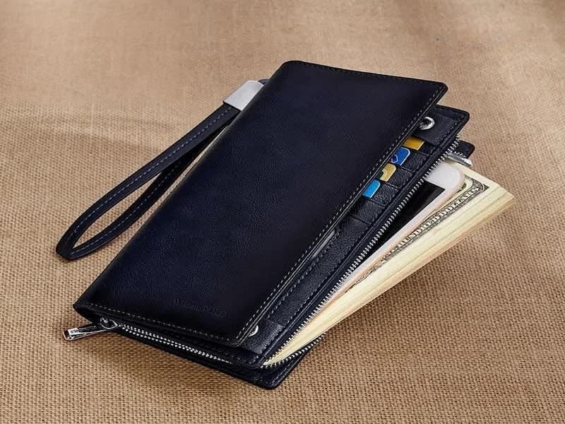 Genuine  Men’s Long Leather Wallet – Phone Holder, Card Slots & Zipper Pocket